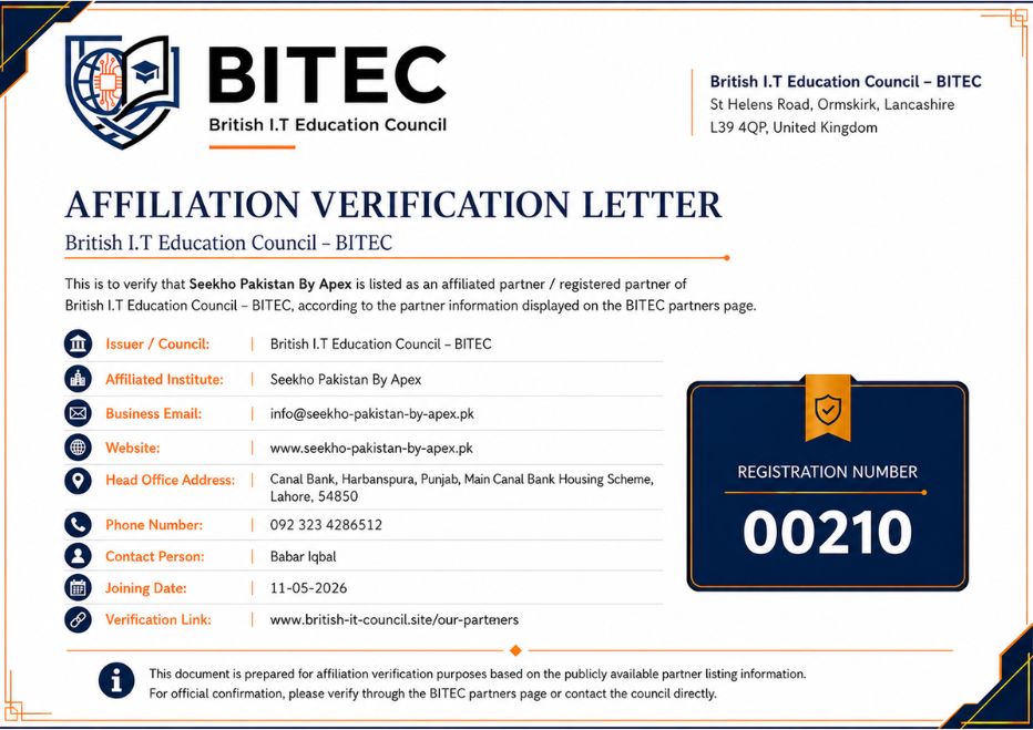 Seekho Pakistan By Apex BITEC affiliation verification certificate