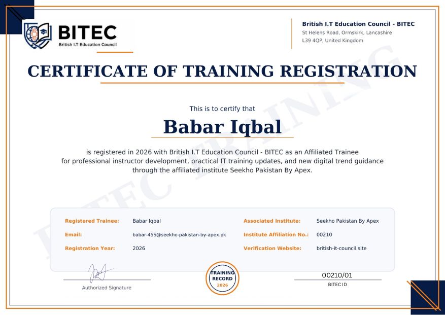 Certificate of Affiliation BITEC British IT Education Council proof for Seekho Pakistan by APEX