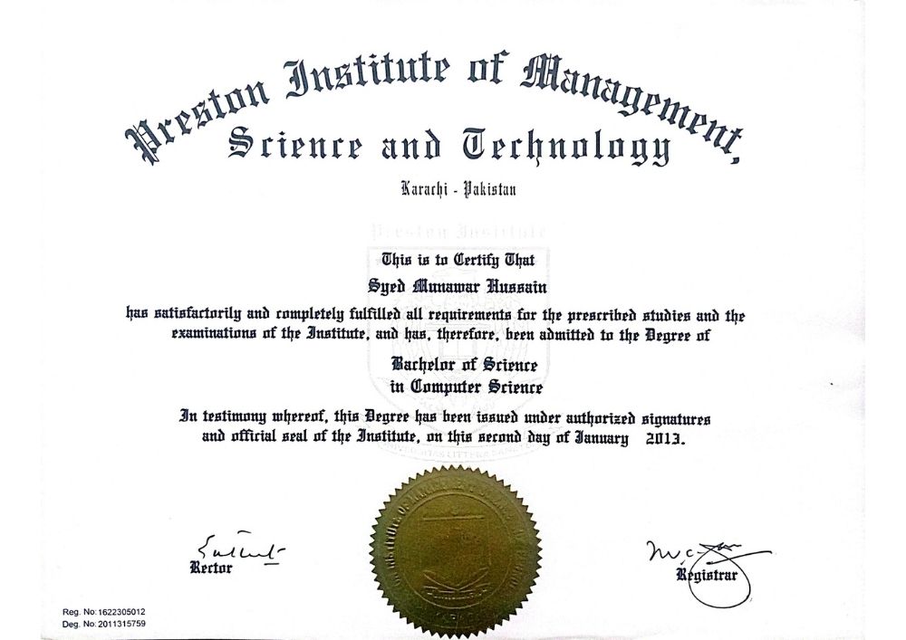 BSCS academic credential of Syed Munawar Hussain
